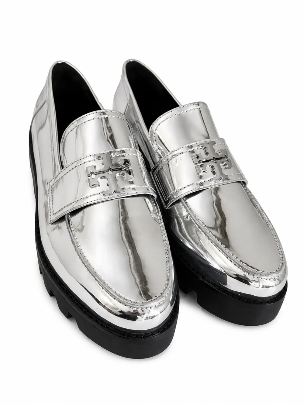 Tory Burch Mirror Metallic Silver Leather Lug Sole Loafers shoes 6